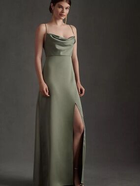BHLDN Sage Green Satin Cowl Strapless Evening Gown